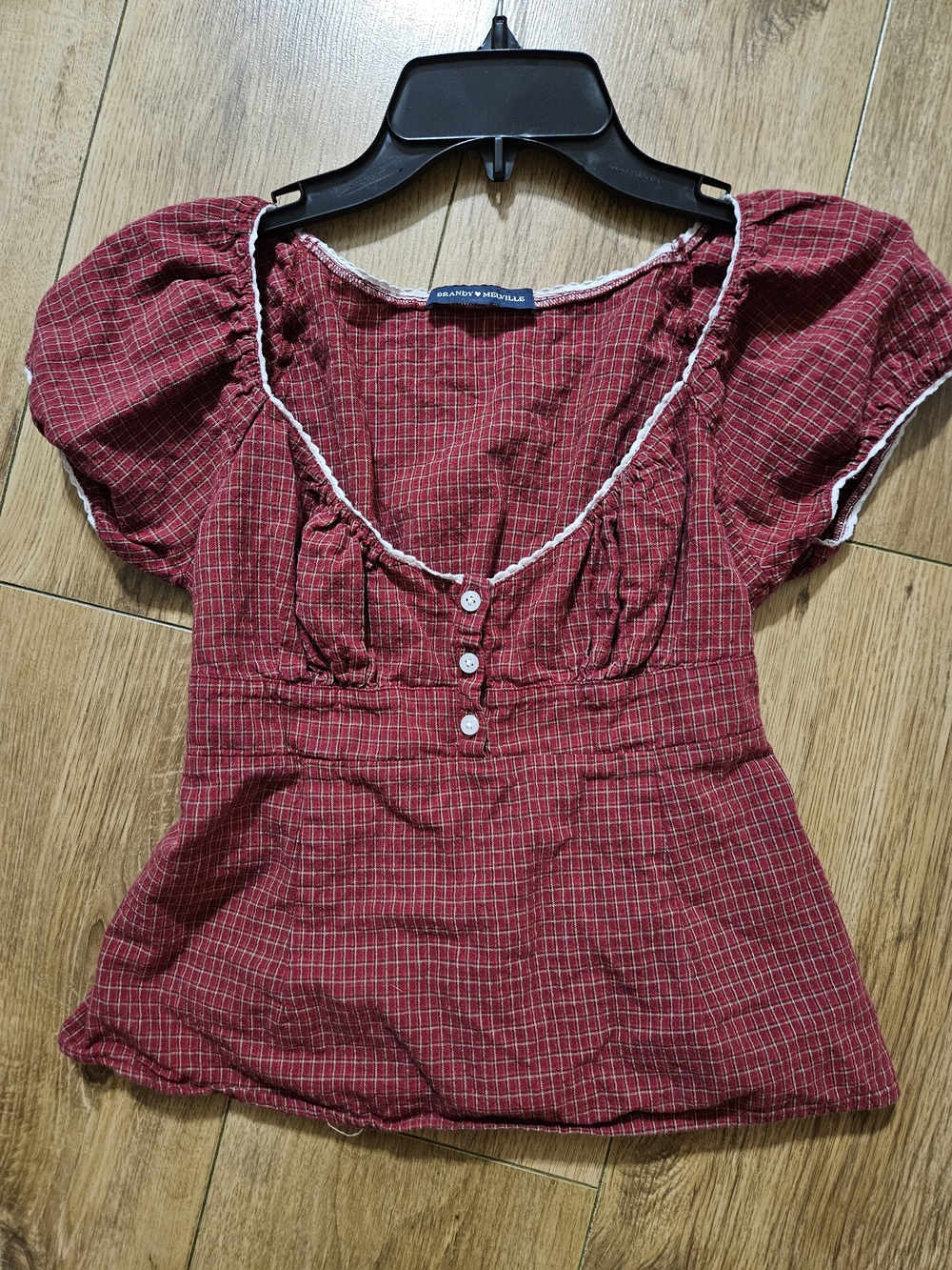 Brandy Melville Red Plaid Puff-Sleeve Button Front Top